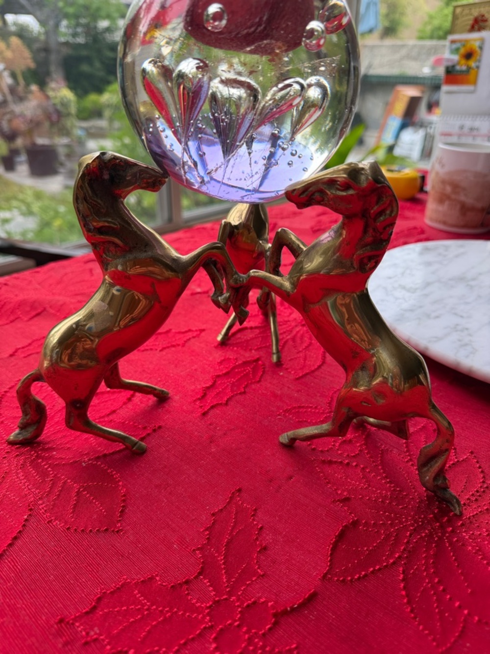 3 Brass horses Sculpture Crystal Orb Holder with Glass Sphere 10” tall - Picture 3 of 10